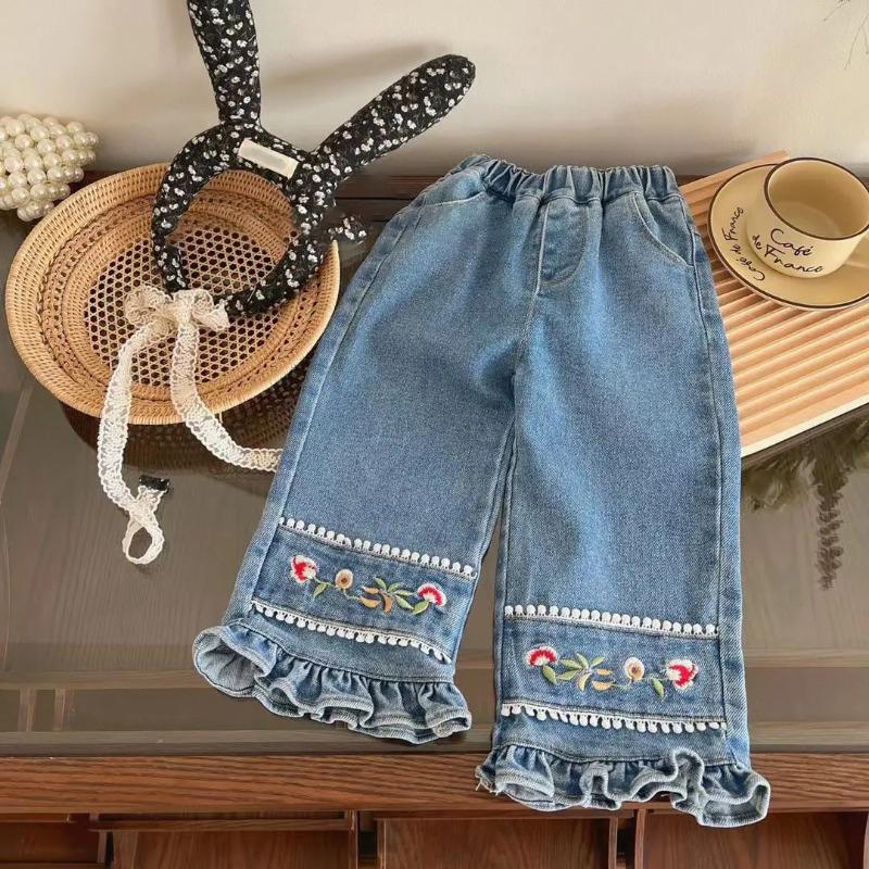 

Korean Embroidered Jeans Girls Spring Autumn Fashion Style Trumpet Pants Children Clothing Stylish Kids Denim Trousers 120cm