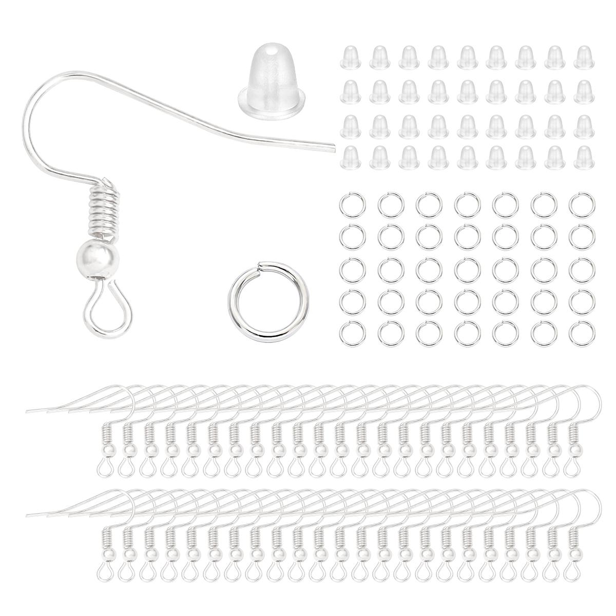 

300 шт./компл., комплект гипоаллергенных крючков для сережек, разные цвета, ушные провода, рыболовные крючки, открытые кольца для прыжков, беруши для ремонта сережек серебряный