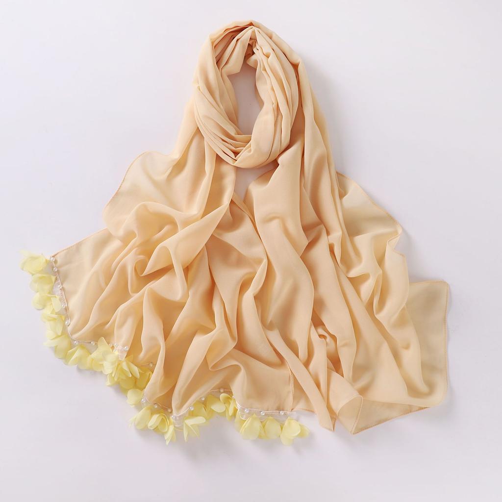 Fashion Bubble Pearl Chiffon Scarf Flower Beads Hijab Muslim Women Headscarf Turban Shawl Wrap Islam Veil Stoles Scarves Bufanda
