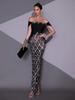 One-Shoulder Rhinestone Sequin Mesh Plaid Evening Gown for Women
