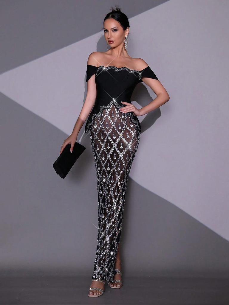 One-Shoulder Rhinestone Sequin Mesh Plaid Evening Gown for Women