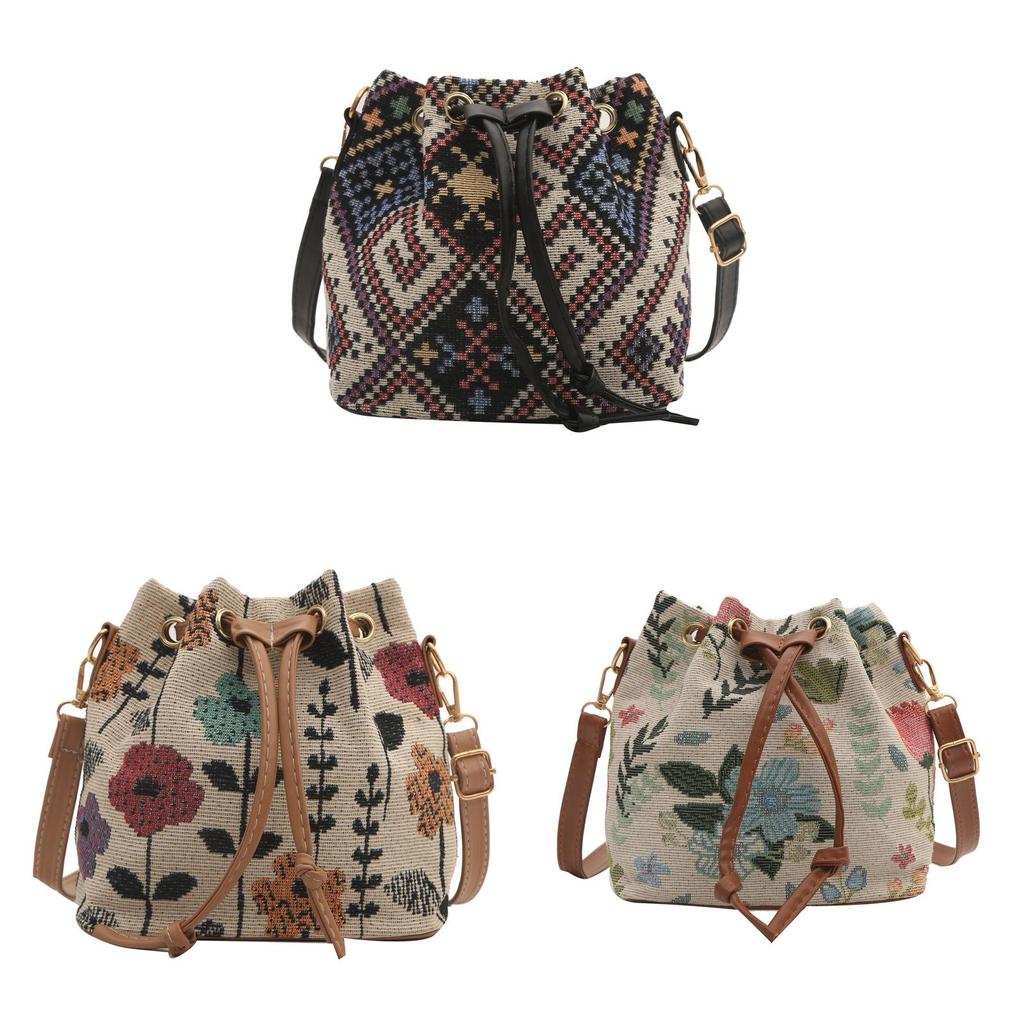 Boho Style Canvas Water Bucket Bag With Drawstring Closure For Daily Casual Use
