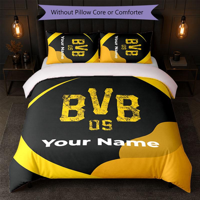Set Biancheria da Letto Personalizzato Borussia Dortmund con Nome Testo 1 Copripiumino+2 Federe Logo Calcio Regalo Personalizzato per Occasioni Speciali Decorazione Camera da Letto
