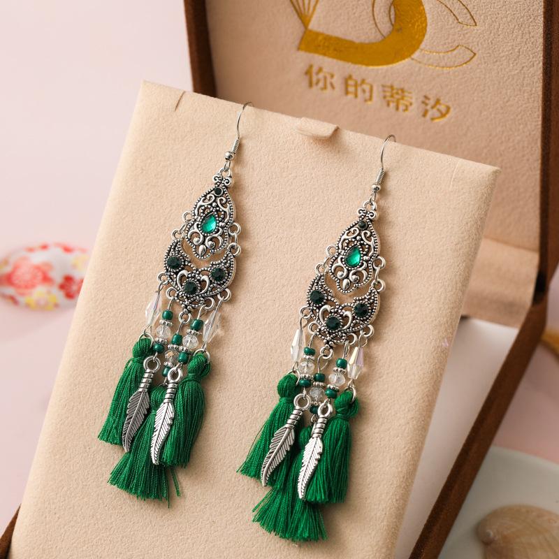 New Ethnic Temperament Tassel Earrings for Women Fashion Long Rhinestone Rice Bead Leaf Dangle Earring Wedding Party Jewelry