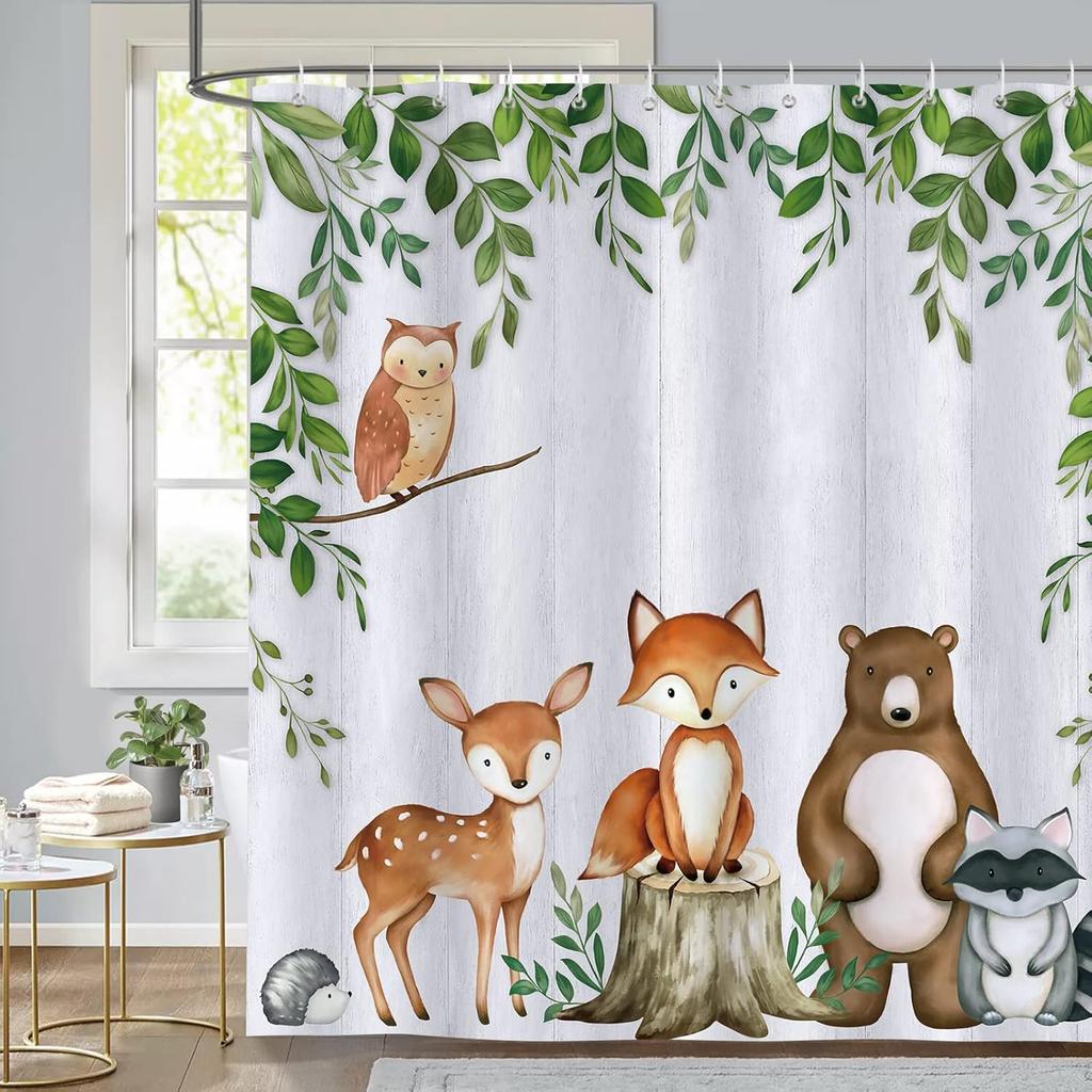 Forest Animal Shower Curtain 180 x 180cm Child Deer Fox Waterproof Polyester Bathroom Decorative Shower Curtain with 12 Hooks