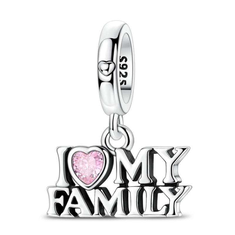 925 Silver Charms Bead CZ Zircon Love Mom Pink Heart Dangle Fit DIY Bracelet Women Mother's Day Jewelry Gift