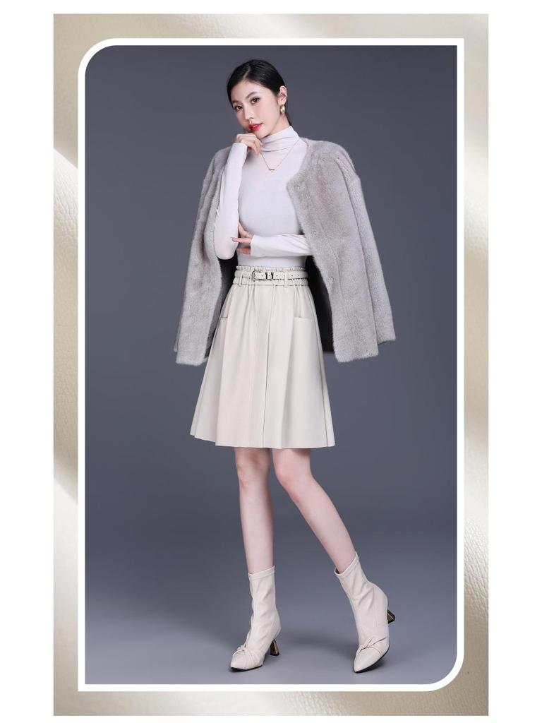High-Waisted A-Line Leather Skirt for Women, Autumn/Winter, Pleated Lambskin Midi Skirt, Age-Defying & Classic Design