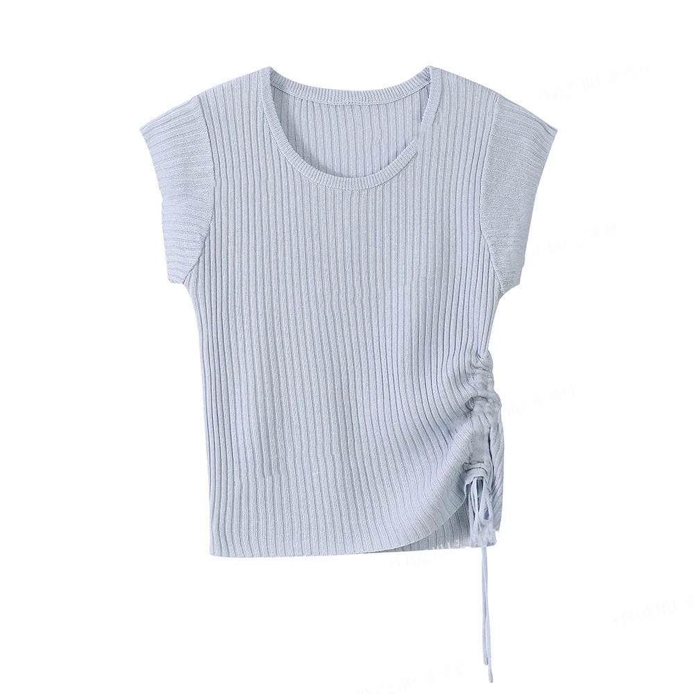2026 Korean Style Women's Slim Fit Ice Silk Drawstring Knit Top - Short Sleeve Fashion Tee