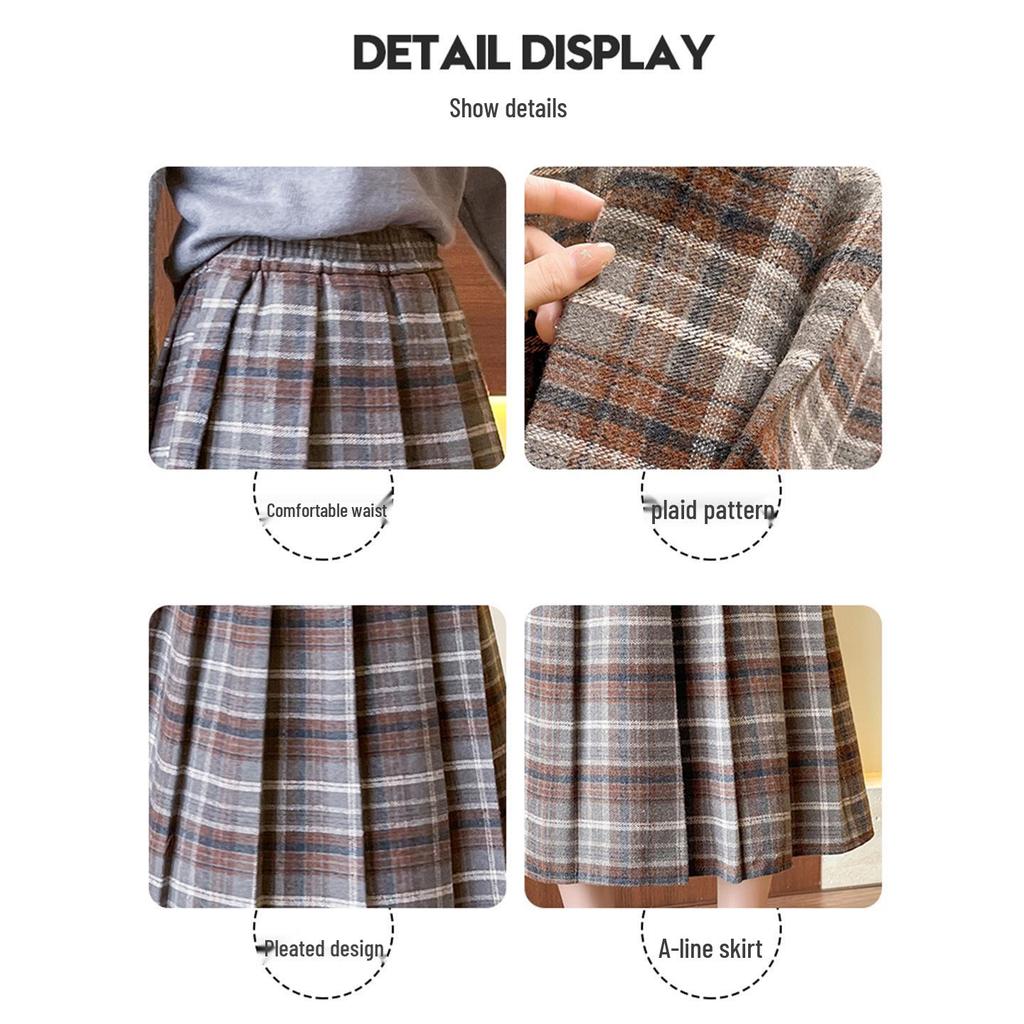 Women's High-Waist A-Line Woolen Plaid Skirt - Mid-Length, Pleated, Slimming, Elastic Waist