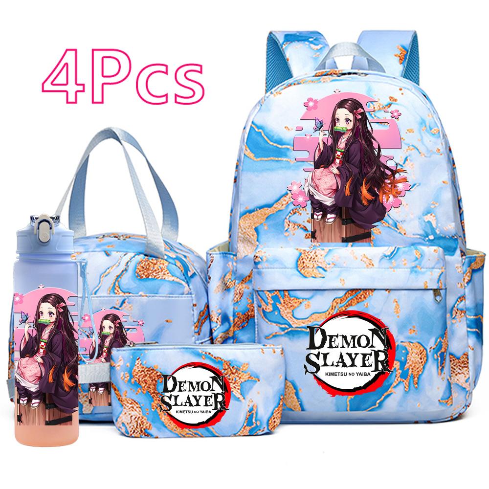 4 Pièces/ensemble Anime Demon Slayer Sac à Dos Imprimé Sac à Main Trousse à Crayons avec Bouteille d'Eau 750ml pour Adolescent Garçon Fille Grande Capacité Sac d'École Imperméable