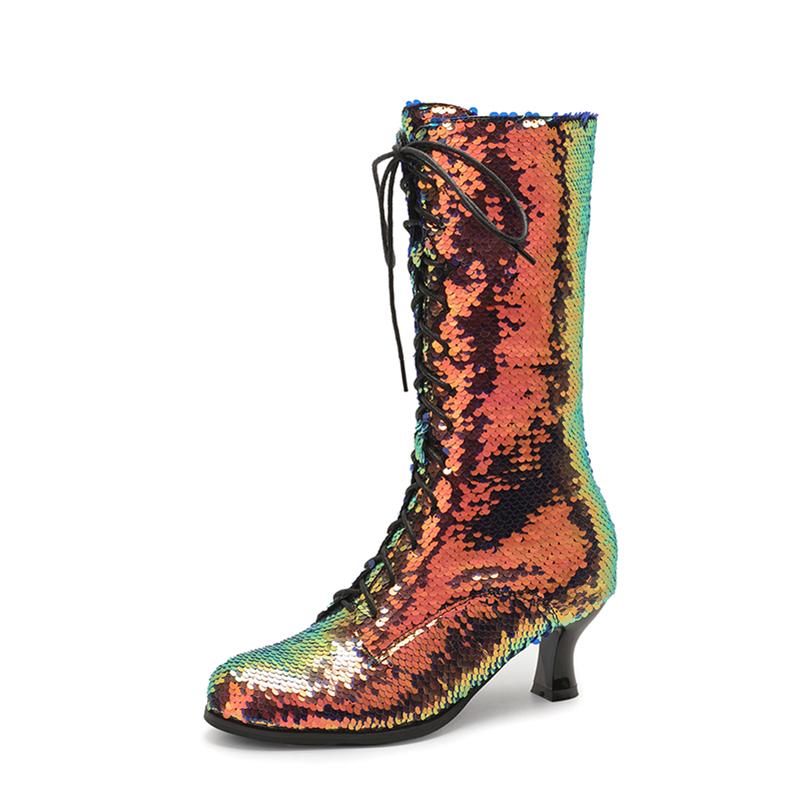 

Женские полусапоги до середины икры, круглый носок, толстый высокий каблук, на молнии, шнуровка, блестящие, лаконичные, модная женская обувь, осень-зима 43 39