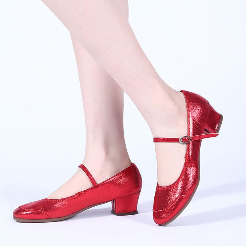 Size 34-42 Ladies' PU Modern Dance Shoes Gold Close Toe Beginner Latin Low Heeled Mary Jane Shoes