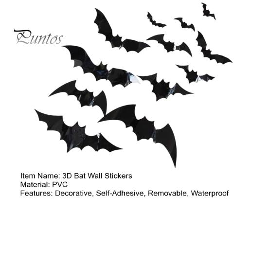 Halloween Party Wall Decor 12Pcs Bats Decals, 3D Bat Stickers for Home Decor, Hanging Decorations 4 Size Waterproof Black Spooky Bedroom Living