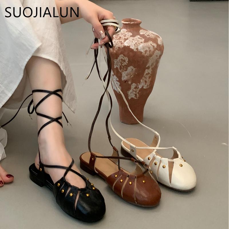 Fashion SUOJIALUN Autumn Women Flat Shoes Fashion Close Toe Lace Up Ladies Elegant Sandal Shoes Soft Flat Heel Outdoor Dress Slingback S