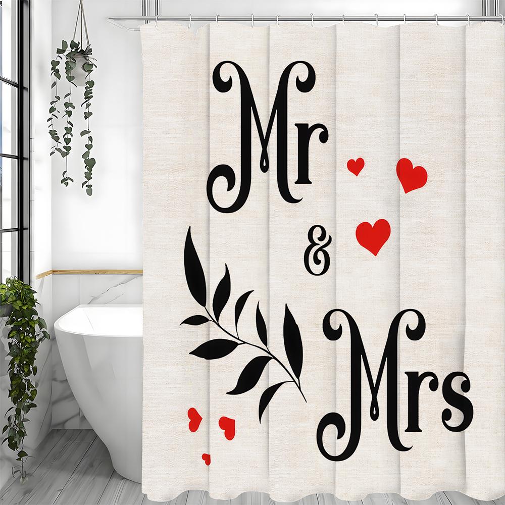 Valentine's Day Mr. Lady Love Leaf Shower Curtain, Bathroom Decorative Shower Curtain, Waterproof Shower Curtain with Hooks