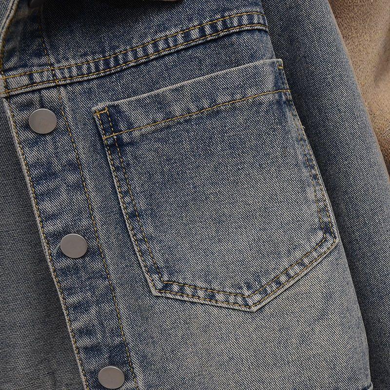 Women's Design Cropped Vintage Blue Denim Jacket with Long Sleeves for a Versatile Loose Jacket