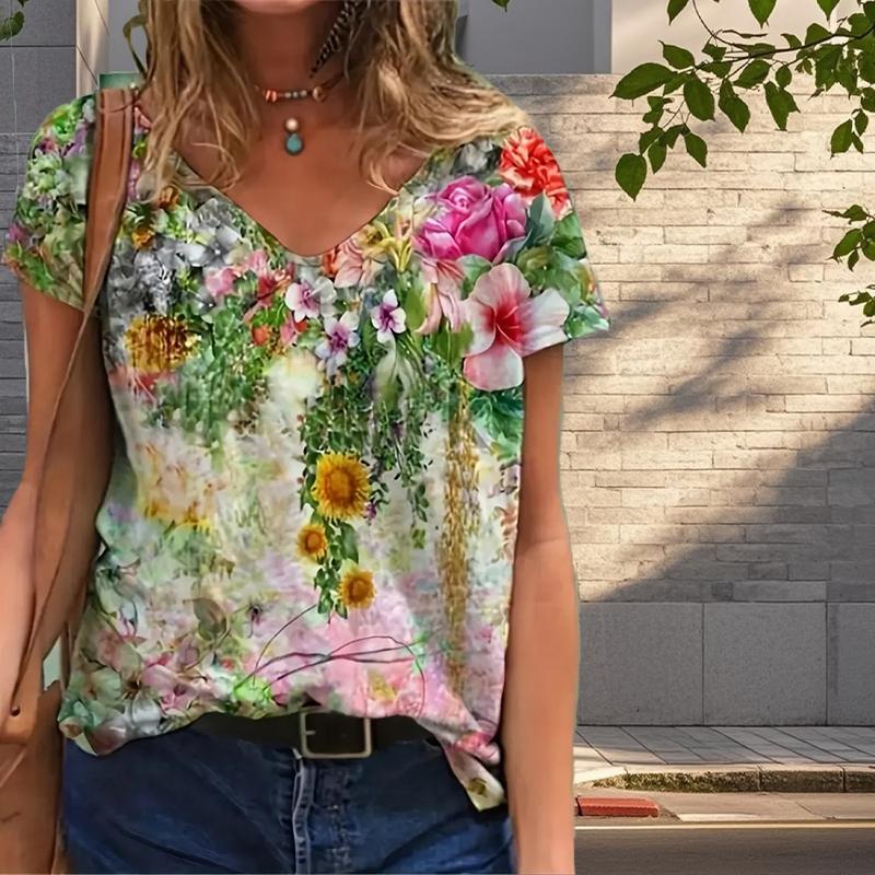 Красивые пейзажи Живопись Блузки Короткие рукава V-образный вырез Футболки Повседневные XS жёлтый