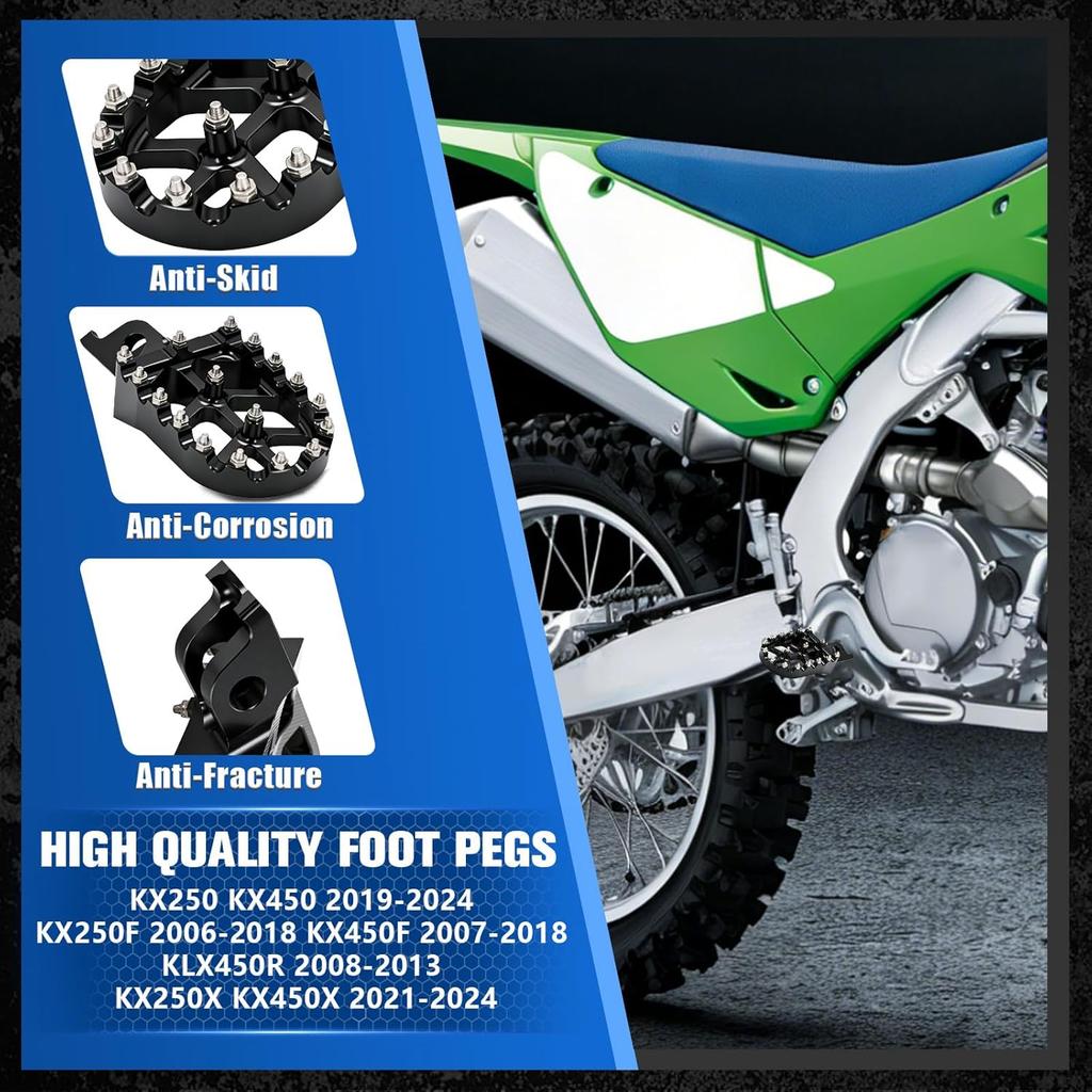 Dirt Bike Foot Pegs,Motorcycle Footpegs Wider Foot Rest Pedal CNC for KX250 KX450 2019-2024 KX250F 2006-2018 KX450F 2007-2018 KLX450R 2008-2013