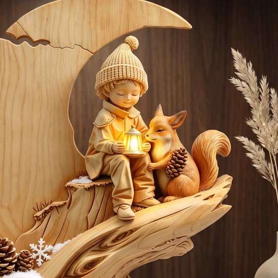 Warm Atmosphere Ornaments Fairy Tale Little Boy and Fox Wooden Figurine, Rustic Desktop Statue, Artistic Carved Decorative Tabletop Figurines