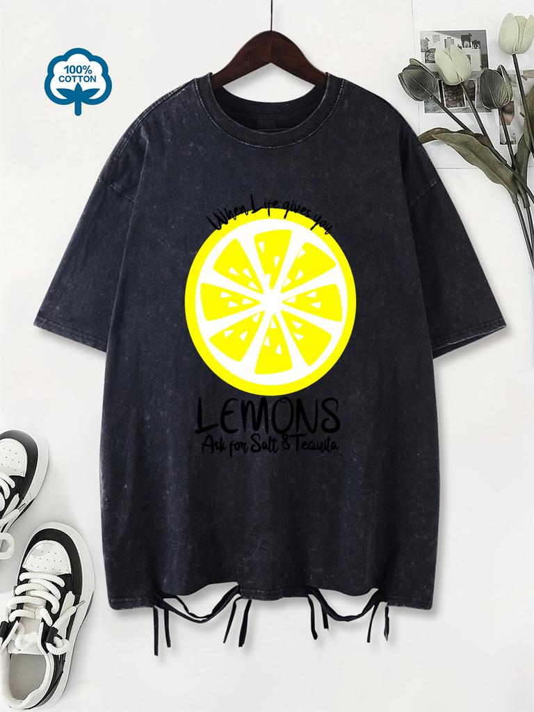 Oversized Washed TShirts Womens Cotton Lemon Brings Good Mood Prints T Shirt Summer Comfortable ONeck Tops YK Woman Clothes