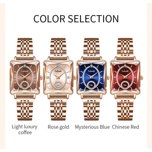 Women's Gold Square Wristwatch with Diamonds, Waterproof, Simple, Stylish, Casual, Business, Brand Name, Stainless Steel, Small, Luxury, Gift, Brown