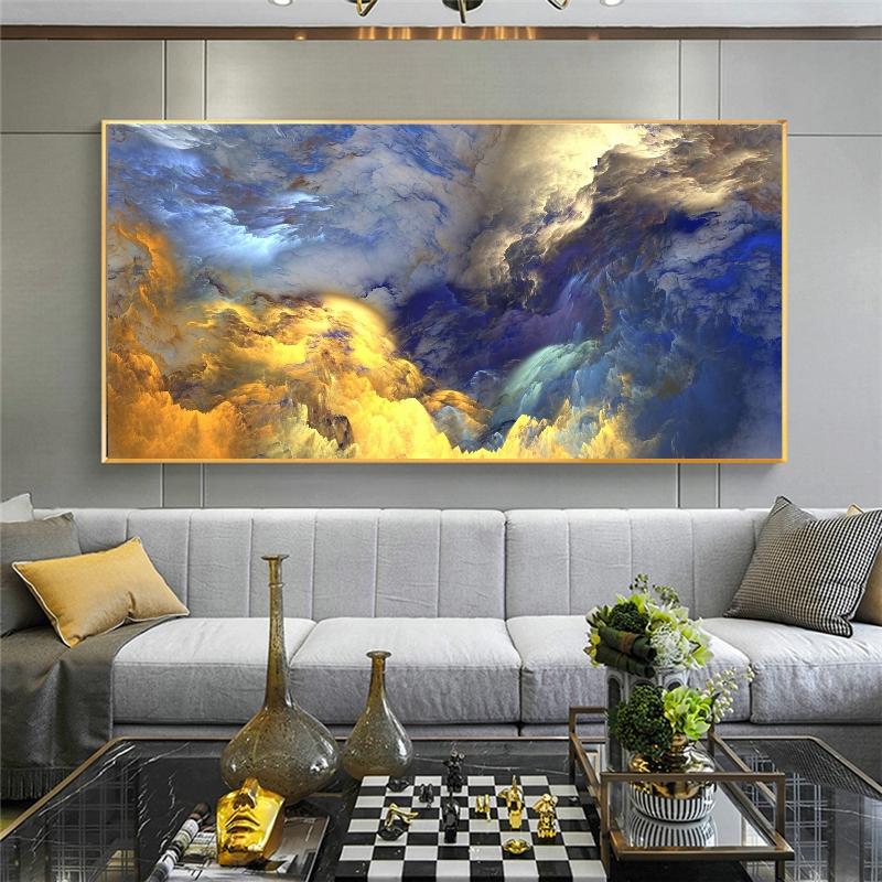 Abstract Golden and Blue Cloud Mist Nordic Wall Art Canvas Posters and Prints Modern Art Fantasy Picture for Living Room Decor