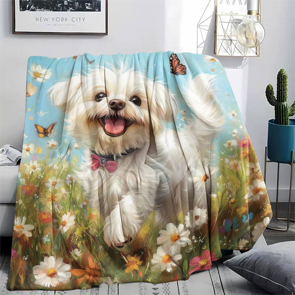 Maltese Dog and Grass,pattern Flannel Blanket, High Quality Comfortable for All Seasons, Home Decor, Warmth and Comfort, Perfect for Gifts.