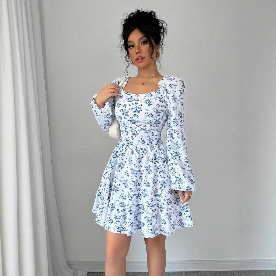 2026 Autumn Evening Party Festival Dresses Elegant Puff Sleeve Backless Flower Print Sexy Back Bow Bodycon Mini Prom Dress Women