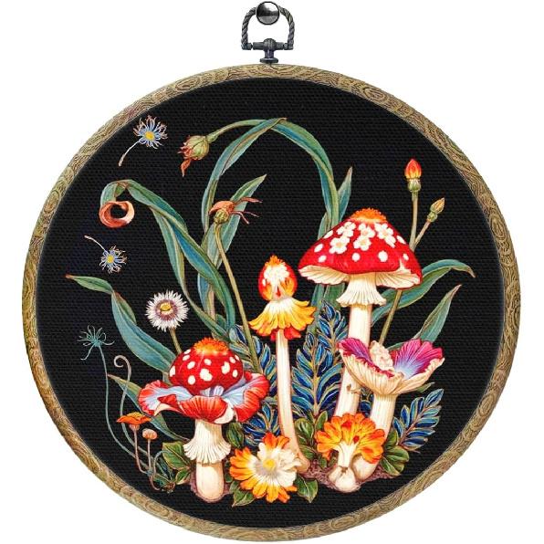 Mushroom Decor Framed Round Wall Decor Canvas Wall Art Hanging Prints Artwork for Home Door Living Room Bathroom Girls Room Kitchen Office