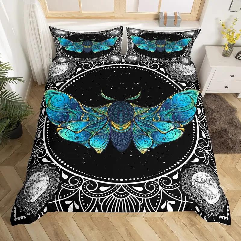 Death Moth Flowers King Queen Bedding Set Leaves Sun Moon Duvet Cover Gothic Animal Floral Comforter Cover Polyester Quilt Cover