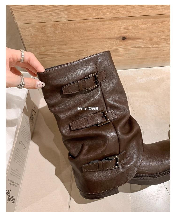 

[Grape Mom same Spice Girl Pants Boots~ 6cm Height Increasing Buckle Mid Tube Western Knight Boots Women s Pile Short Boots 35