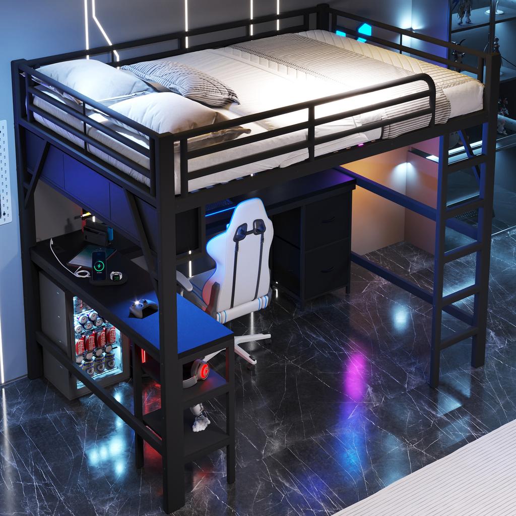 Metall-Hochbett für Gaming (140 x 200 cm) mit Bücherregal, Schreibtisch, Schrank, USB- und LED-Beleuchtung, schwarz