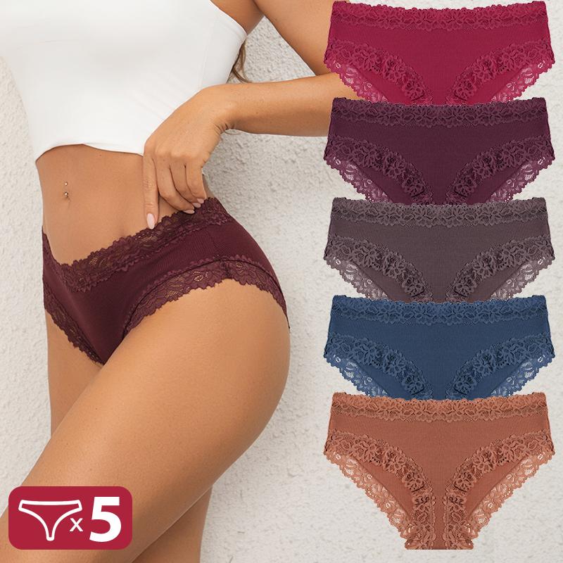 5PCS Cotton Panties Women Floral Lace Briefs Seamless Sexy Lingerie Low Rise Elastic Underpants Female Breathable Soft