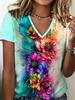 Summer Women's Fashionable T-shirt Comfortable Colorful Flower 3D Printed Short Sleeved V Neck Loose Oversized Soft Breathable T-shirt