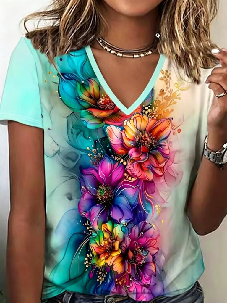Summer Women's Fashionable T-shirt Comfortable Colorful Flower 3D Printed Short Sleeved V Neck Loose Oversized Soft Breathable T-shirt