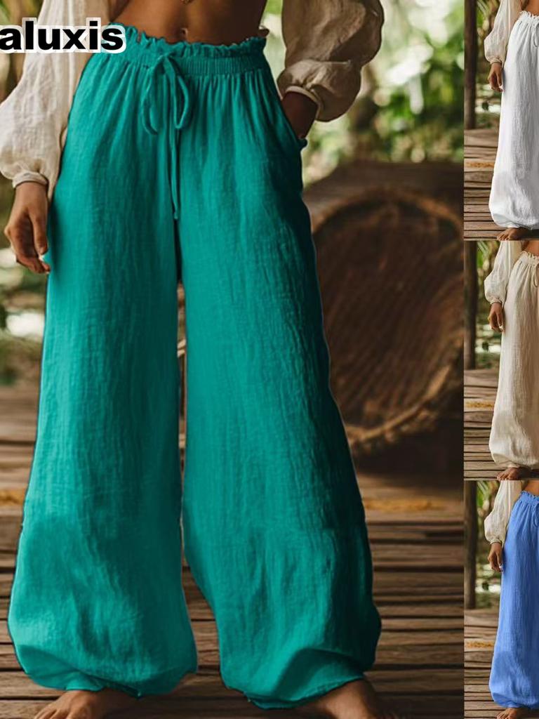 Autumn New Women's Pants Solid Color Fashion Casual Loose Bohemian Pocket Drawstring Elastic Waist Wide Leg Pants