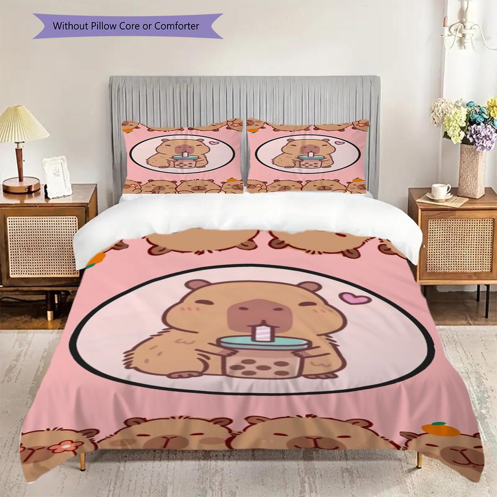 Adorable Capybara Backpack Drink Three-piece set (1 * duvet cover + 2 * pillowcase, without core) 2D Flat Soft and comfortable Bedding set