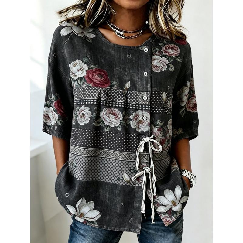 Women's Vintage Floral Print Casual Blouse, Button Tie Front Loose Top for Spring Summer Daily Wear