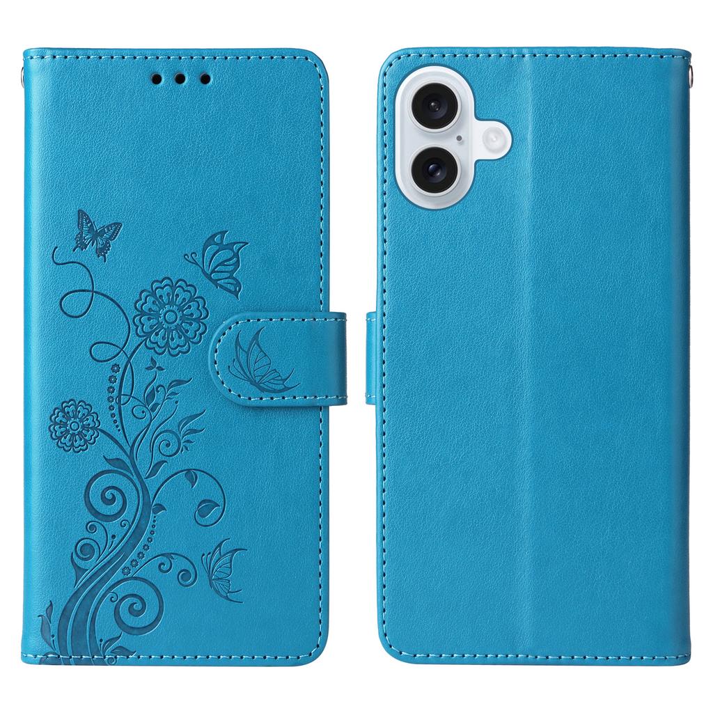 For iPhone 16 Plus Leather Case Butterfly Floral Imprint Wallet Stand Cover