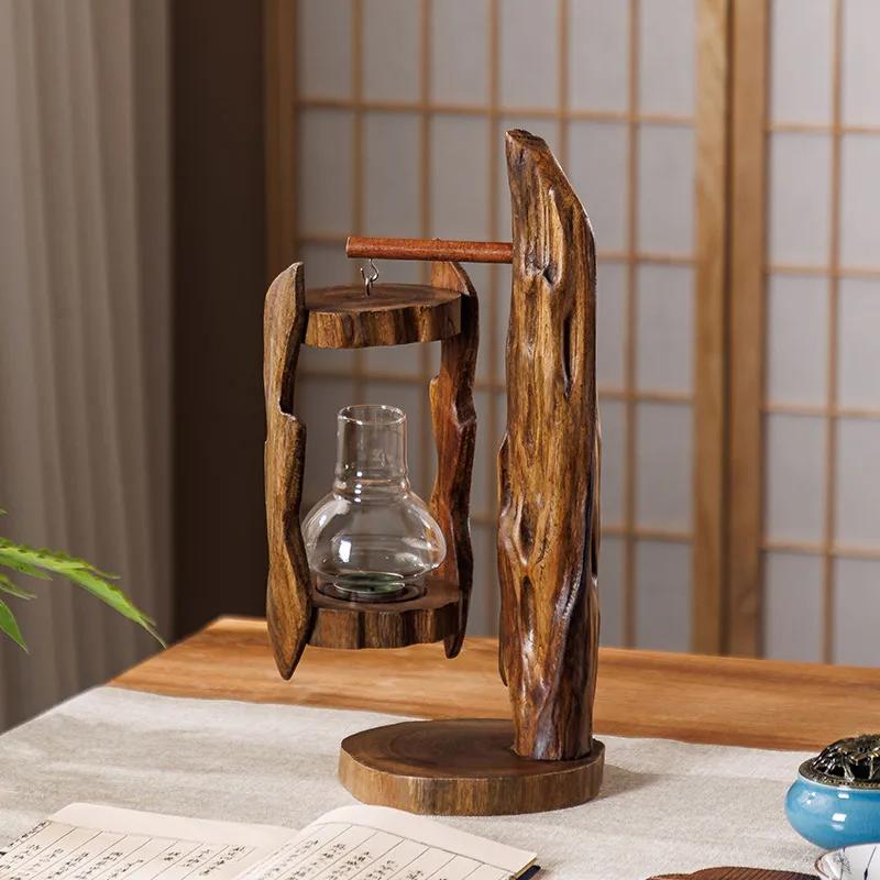 Log Wind Lamp Creative Candlestick Retro Southeast Asia Glass Cover Candlestick Outdoor Windproof Lantern Zen Decoration
