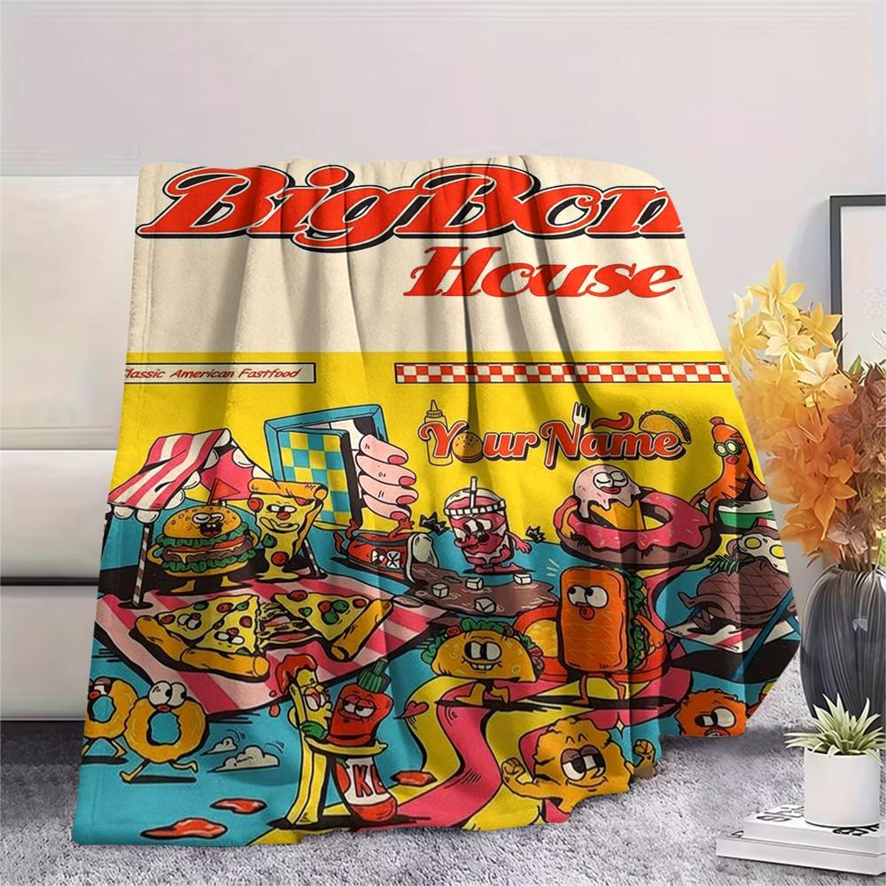 1PC Burger Run Menu Custom Name Patterned Flannel Blanket Suitable For All Seasons For Home Decor Warmth And Comfort Gifts Holiday Present