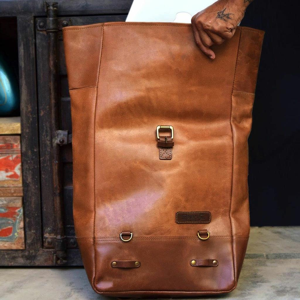 Trip Machine Backpack Pannier Classic Roll Top Motorcycle Pannier Bag Backpack - (Vintage Tan)