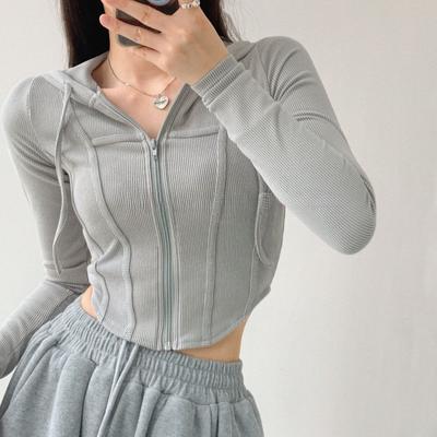Cardigan elegant cu glugă și fermoar Paltoane scurte Pulover Femei Primăvară Retro Cropped Topuri Sport Subțiri Jachete scurte cu mânecă lungă Cămăși tricotate casual