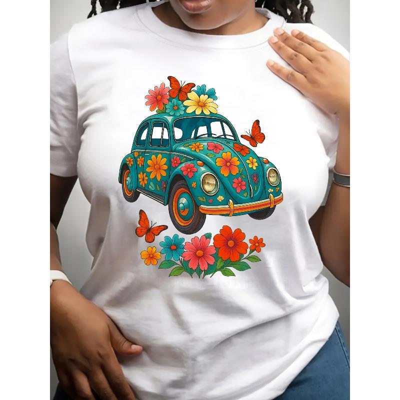 Womens Vintage Floral T Shirt Soft Stretchy Breathable Turquoise Floral Print Short Sleeve Round Neck Machine Washable Casual Party Top Retro Design