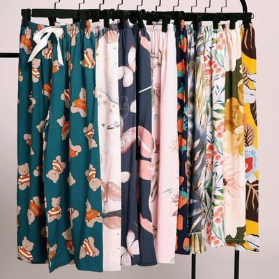 Summer Cotton Silk Pajamas Women Loose Printing Wide Leg Pants