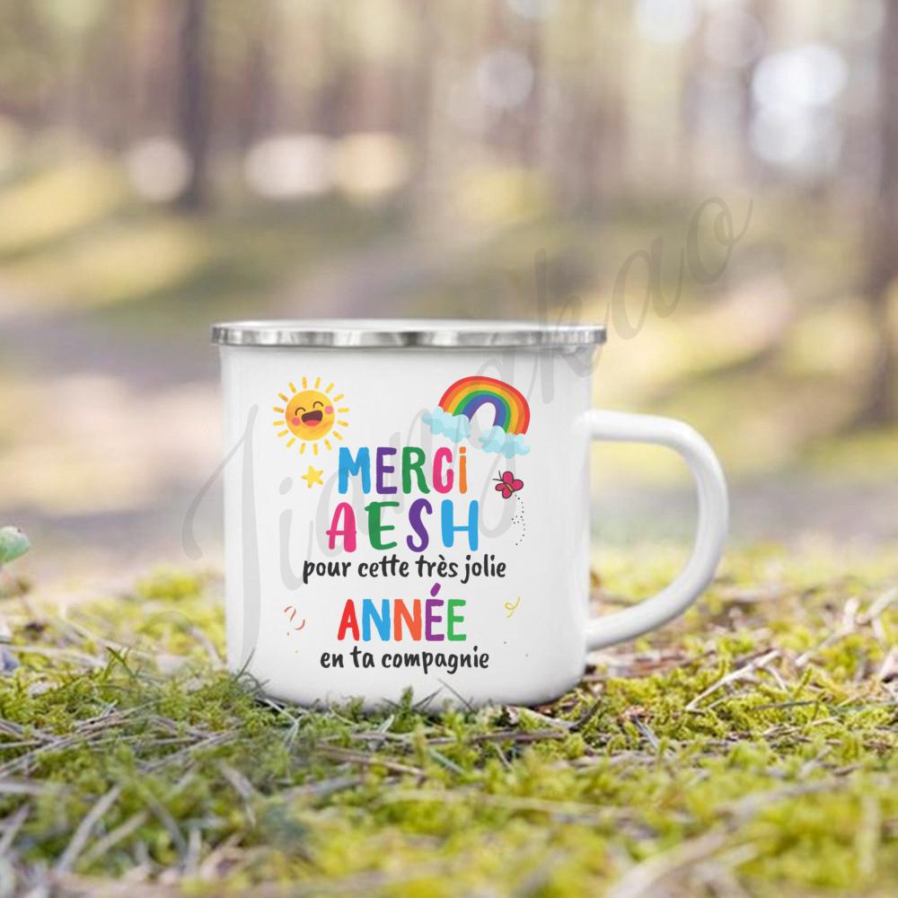 Merci Aesh French Printed Mug Creative Coffee Cups Drinks Enamel Cup Outdoor Camping Handle Drinkware Thanks Gifts for Teacher