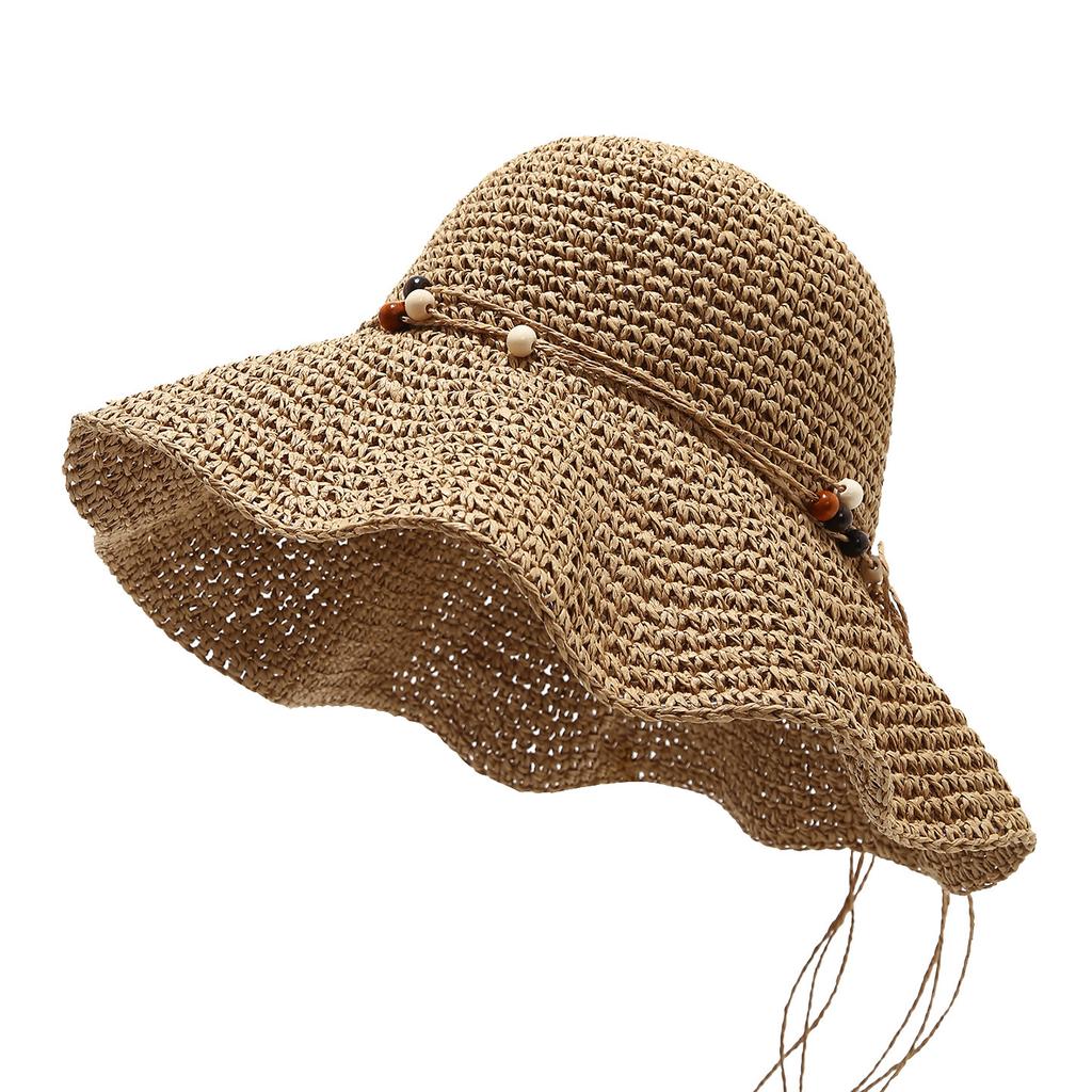 Mori Hollow Straw Bucket Hat Female Bohemian Wind Wood Bead Design Seaside Vacation Sunshade Sunscreen Hat