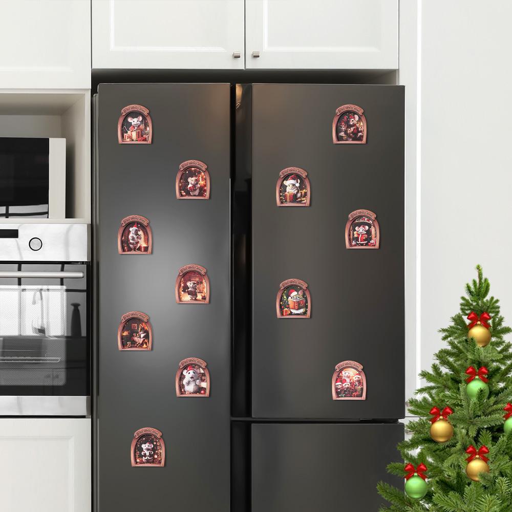 MZCT181-192 3D Wooden Christmas Mouse Hole Refrigerator Magnet & Memo Holder