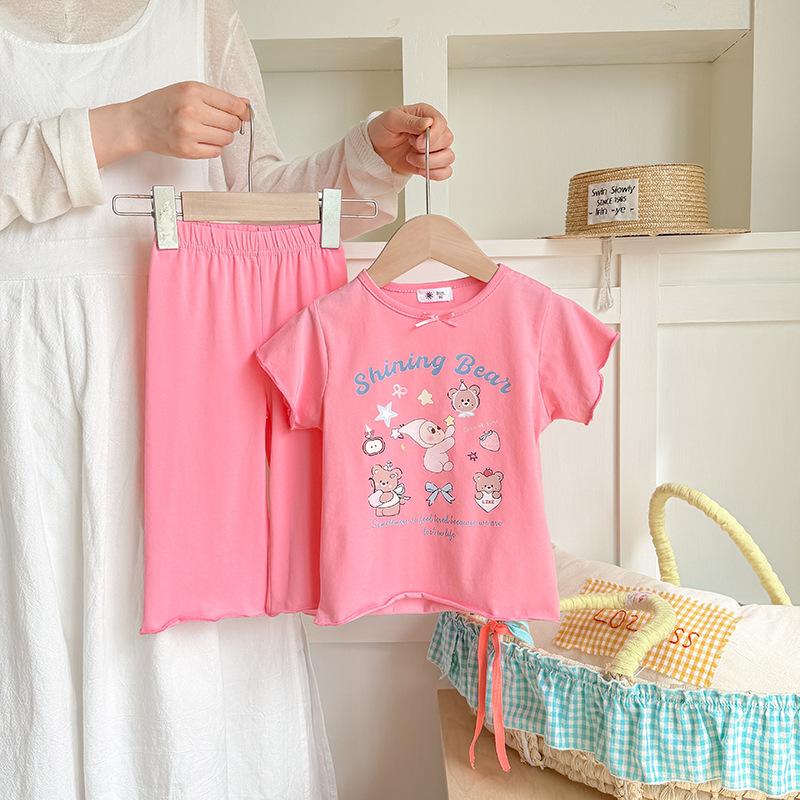 Girls Summer Cotton Short Sleeve Shorts Set Cute Cartoon Print Loungewear Casual Kids Two Piece Outfit 90cm