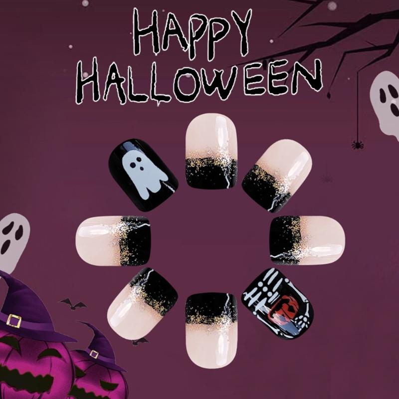 Plastic Halloween Press On Nails Glittering Bat Ghosty Design Long Lasting Nail Art Stickers For Parties And Daily Use